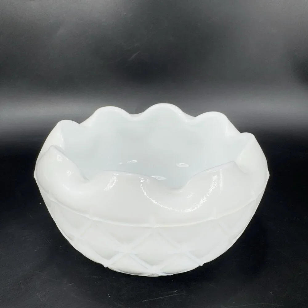 1970S Indiana Glass Milk Glass‎ Quilted Duette Crimped Edges White Dish Bowl VTG